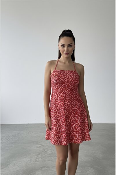 Pelin Boutique Red Floral Patterned Mini Dress with Back Detail