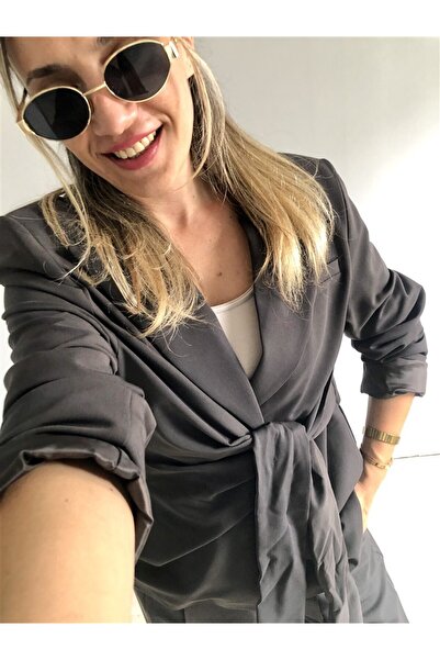 Gözde Tasarım Butik Women's Dark Brown Premium Lining Blazer Jacket with Side Tie Detail