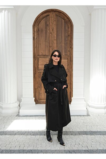 BZ BUTİK معطف طويل أسود بحزام - أسلوب أنيق وفريد