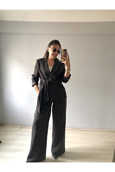 Gözde Tasarım Butik Women's Dark Brown Premium Lining Blazer Jacket with Side Tie Detail