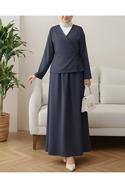 Modamorfo Linen Suit with Lace-Up Front Skirt - Navy