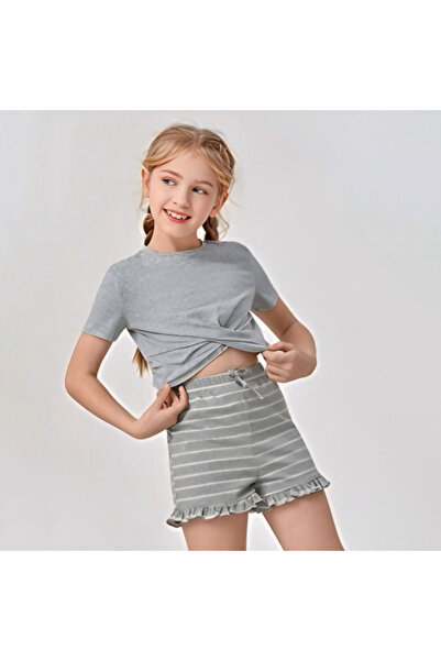 storenaz Girls' Summer Pajamas - Grey Striped Short