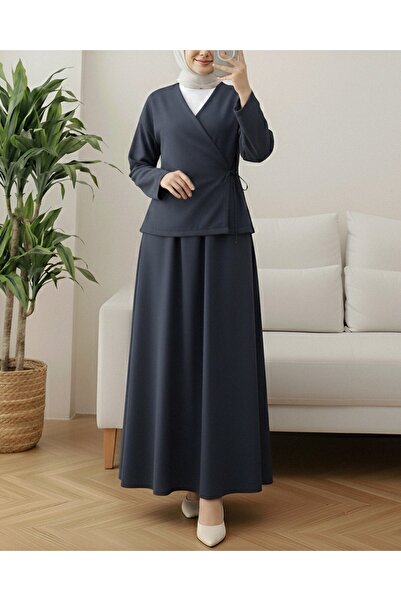 Modamorfo Linen Suit with Lace-Up Front Skirt - Navy
