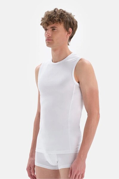 Dagi White Combed Cotton Crew Neck Sleeveless Men's Tank Top