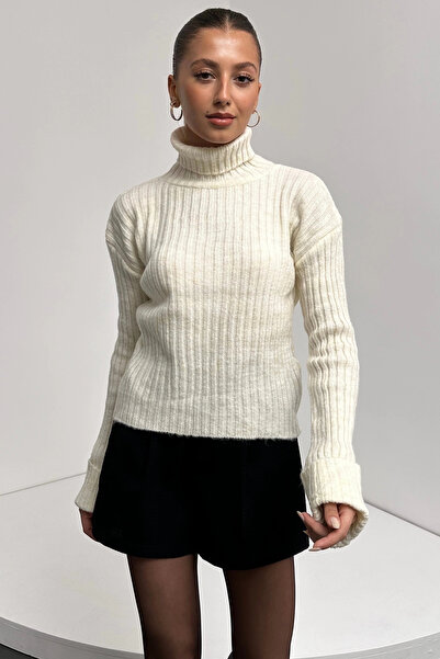 MODA Stripe Patterned Textured Turtleneck Knitwear Sweater