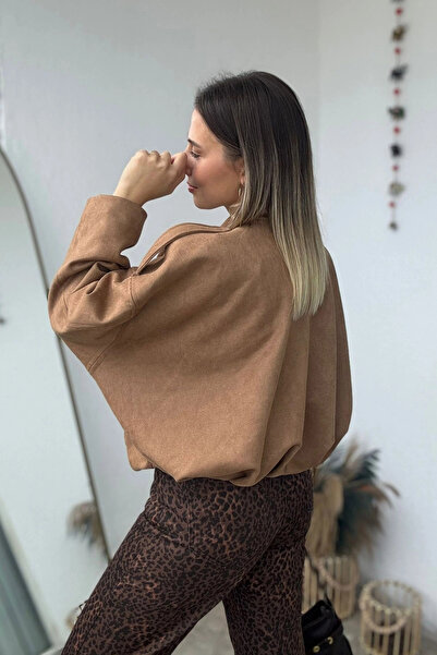 Kubos Moda Μπουφάν Bomber με μανίκια νυχτερίδας, μπροστινό καφέ με ντραπέ επιλογές επιλογής