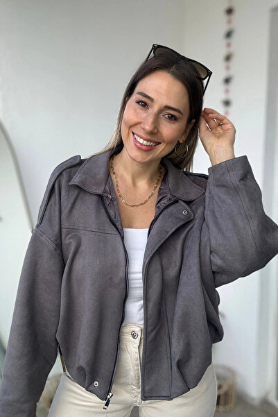 Kubos Moda Μπουφάν Bomber με μανίκια νυχτερίδας μπροστά ντραπέ επιλογές γκρι μπουφάν Bomber