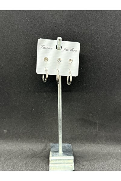 CREST E-TİCARET 3-Piece Earring Set – Stone and Hoop Combination – Silver Col...