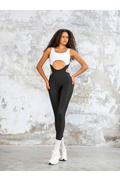 lismina Siyah Beyaz Kalın Askılı Spor Tayt Tulum