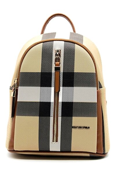OEM Silver&Polo, Ecological Leather Backpack with Check Pattern, Beige, Black