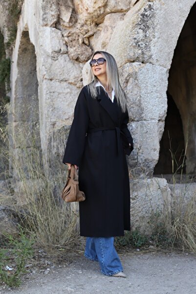 bytugcekaya Siyah Standart Beden Astarlı Kuşak Detay Trençkot