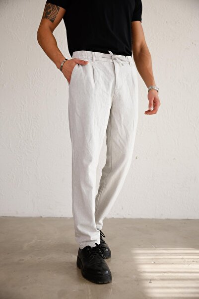 BRACCAS Men's Side Pocket Elastic Waist Linen Blend Relaxed Fit Gray