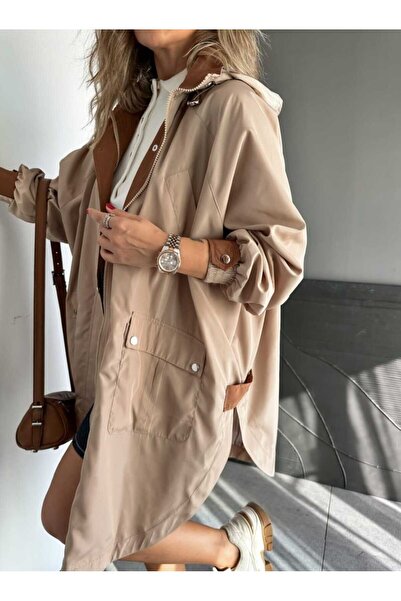QİMYA BUTİK ROBİN Kadın Kapüşonlu Yanları Yırtmaçlı Reglan Kol Oversize TRENÇKOT
