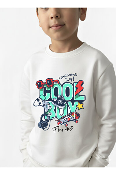 Let's Wear Cool Boy Printed Children's Hooded Premium Compact Sweatshirt Tracksuit Set with Pockets and Drawstrings