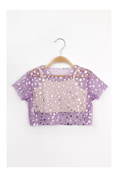 LC Waikiki Lila Yıldız Baskılı Kız Çocuk Tül Crop Bluz