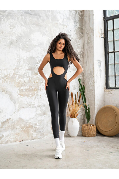 lismina Siyah Kalın Askılı Spor Tayt Tulum