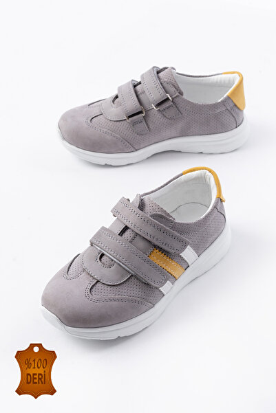 lina step Gri Hakiki Deri Ortopedik Cırtlı Erkek Çocuk Spor Ayakkabı