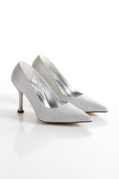 KARABAGSHOES Silver Stone Stylish Thin Heeled Shoes and Bag Set Suitable for Special Occasions