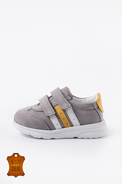 lina step Pantofi sport pentru bebeluși, gri din piele naturală, ortopedici, cu velcro, pentru băieți