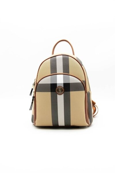 OEM Silver&Polo, Rucsac din piele ecologică cu imprimeu, Bej, Scorțișoară