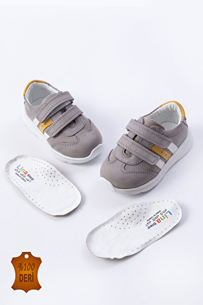 lina step Pantofi sport pentru bebeluși, gri din piele naturală, ortopedici, cu velcro, pentru băieți