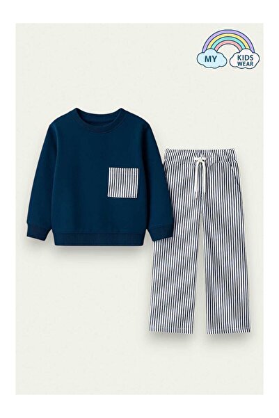 LC Waikiki Kız Çocuk Sweatshirt ve Pantolon – Lacivert Çizgili 2-10 Yaş 12018