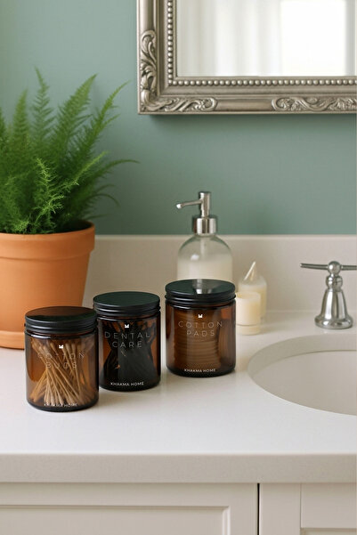 KHAKMA Amber Glass Bathroom Organizer Set – COTTON BUDS & COTTON PADS & DENTAL CARE Inscribed – 3-Piece Set / 250 ml