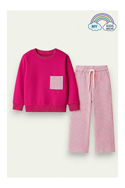 LC Waikiki Kız Çocuk Sweatshirt ve Pantolon – Pembe Çizgili 2-10 Yaş 12016