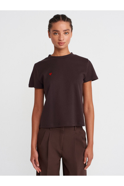Dilvin 30584 Crew Neck Cotton T-Shirt-Dark Brown