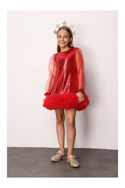 LC Waikiki Kırmızı Pullu Etek Ucu Tüllü Kız Çocuk Elbise - Balenca