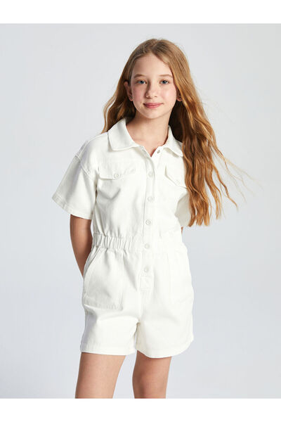 LC Waikiki Ecru Shirt Collar Short Sleeve Girls' Jean Jumpsuit
