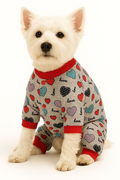 DOGİ&DOG Küçük Irk Gri Renkli Kalp Detaylı Köpek Tulumu Köpek Kıyafeti (1-10KG)