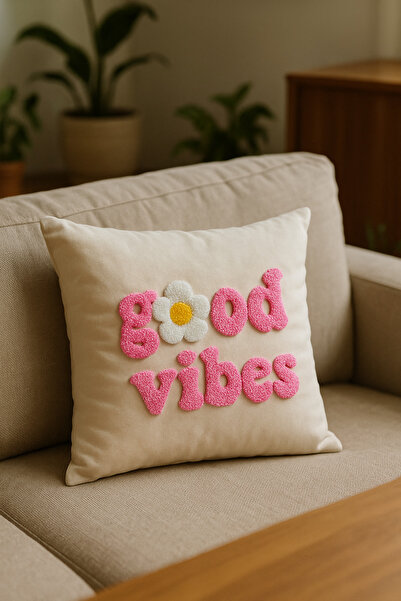 rellhome Pink Good Vibes Written Patterned Punch Throw Pillow Pillowcase