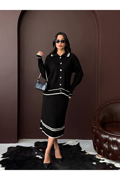 alenmoda Women's Polo Neck Button Front Knitwear Suit