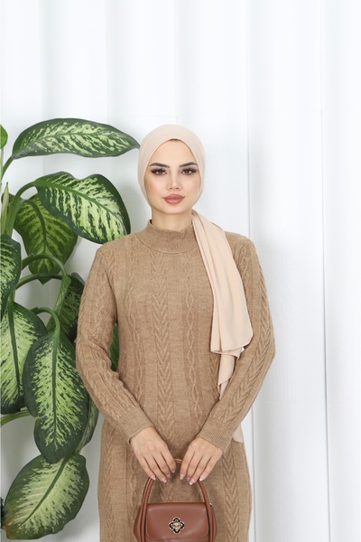 NİSUM MODA Saç Örgü Şeritli Triko Elbise