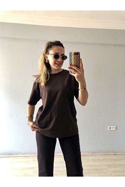 Gözde Tasarım Butik Women's Dark Brown Circular Neck Short Sleeve Basic Spring T-Shirt