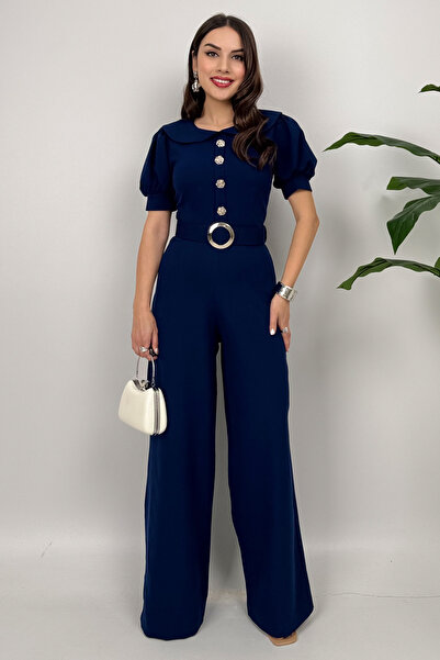 Dolcha Firenze Kadın Düğmeli Kemer Detaylı Bol Paça Lacivert Tulum – Zarif Ak...