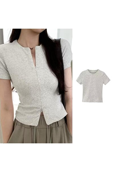Korean style double zipper design short sleeve cardigan T-shirt slip top