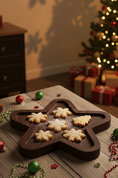 Snippy Star - Yıldız Desenli Ahşap Çerezlik Yılbaşı Çerezlik Sunum Tabağı