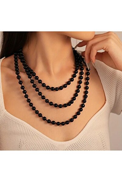 by Natalie 130 cm siyah inci kolye kadın inci kolye uzun tek sıra el emeğı