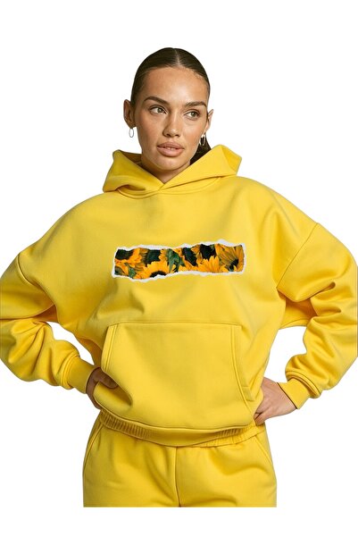 ArtYus سويت شيرت بقلنسوة كبير الحجم من القطن مطبوع عليه زهرة الشمس الملونة لل...