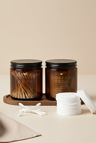 KHAKMA Amber Glass Bathroom Organizer Set with Wooden Stand – Written as Cotton Buds & Cotton Pads – Set of 2 / 250 ml