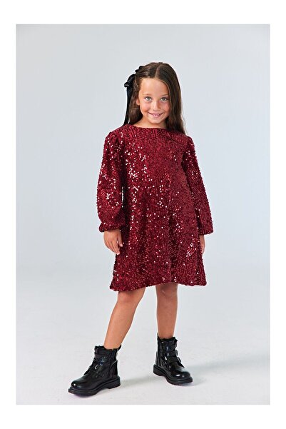 LC Waikiki Bordo Üzeri Pullu Kadife Kız Çocuk Elbise - Oriel