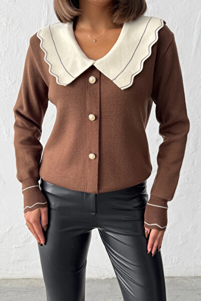Lusin Жіночий коричневий кардиган з елегантним коміром і ґудзиками (новий колір)