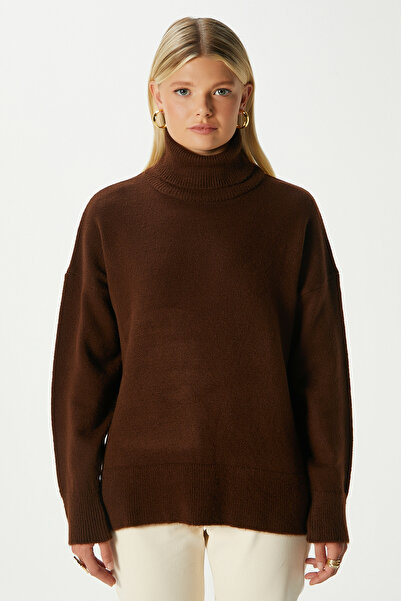 Ritnice Women's Tery Soft Textured Wide Fit Side Slit Brown Knit Sweater Xs-0028