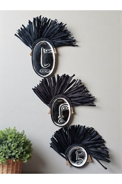 Momiko Soyut Yüz 3lü Renkli Beton Duvar Süsü, Renkli Doğal Rafya, Gökkuşağı