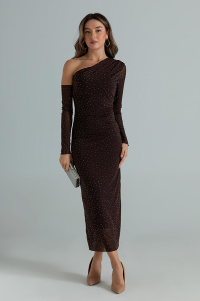 MOZENA Tek Omuz Taşlı Midi Tül Elbise