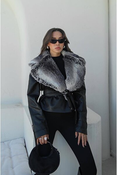 Berf Black Leather Jacket with Fur Collar Detail and Belt
