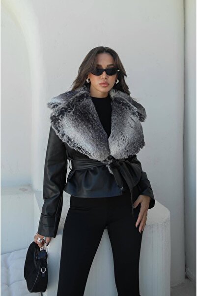 Berf Black Leather Jacket with Fur Collar Detail and Belt