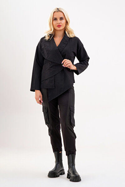 Bold & Young Women's Polyamide Blend Black Jacket – Pockets, Asymmetrical, Single Button